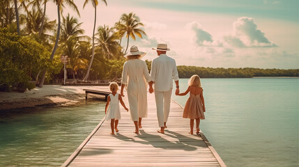 Happy family with two kids walking on wooden pier at tropical beach resort. Generative AI. - obrazy, fototapety, plakaty