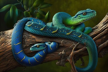 Blue insularis and green Trimeresurus albolabris snakes on a branch, Indonesia, hyperrealism, photorealism, photorealistic