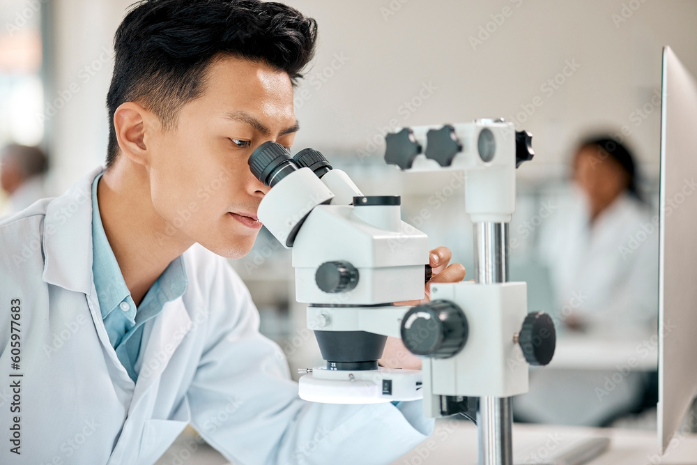 Poster healthcare, science and microscope with an asian man doctor working in a lab for research or innovat