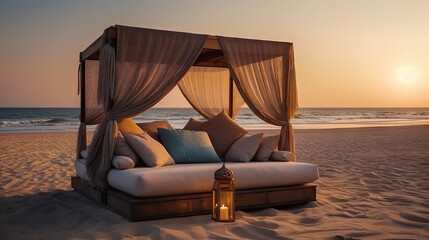 Sunset on the beach with a bed and pillows on the sand. Generative AI.