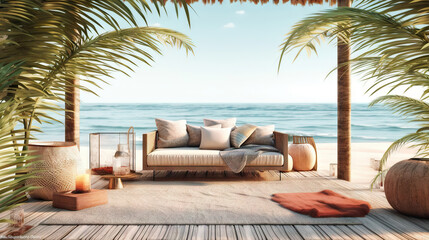 Beautiful tropical beach with palm trees and a sofa. Chill zone. Generative AI.