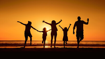 Silhouette of happy family jumping on the beach at sunset. Generative AI.