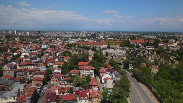 Aerial view of Plovdiv old city center on a sunny day, Bulgaria
