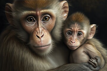 Close up of Tibetan macaque with her baby sitting outdoors, hyperrealism, photorealism, photorealistic