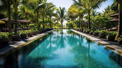 Swimming pool with palm trees in luxury hotel resort, Thailand. Generative AI. - obrazy, fototapety, plakaty