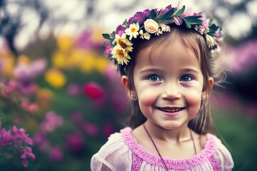 Portrait of beautiful little girl with crowns of
flowers smiling and looking at camera. Wearing wreath of flowers