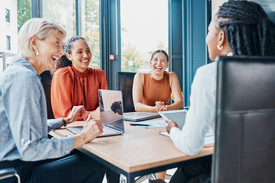 Laughing, planning business and women in a meeting for strategy, teamwork and a workforce team. Happy, office and diversity with people at work for a corporate collaboration and coworking together - Powered by Adobe
