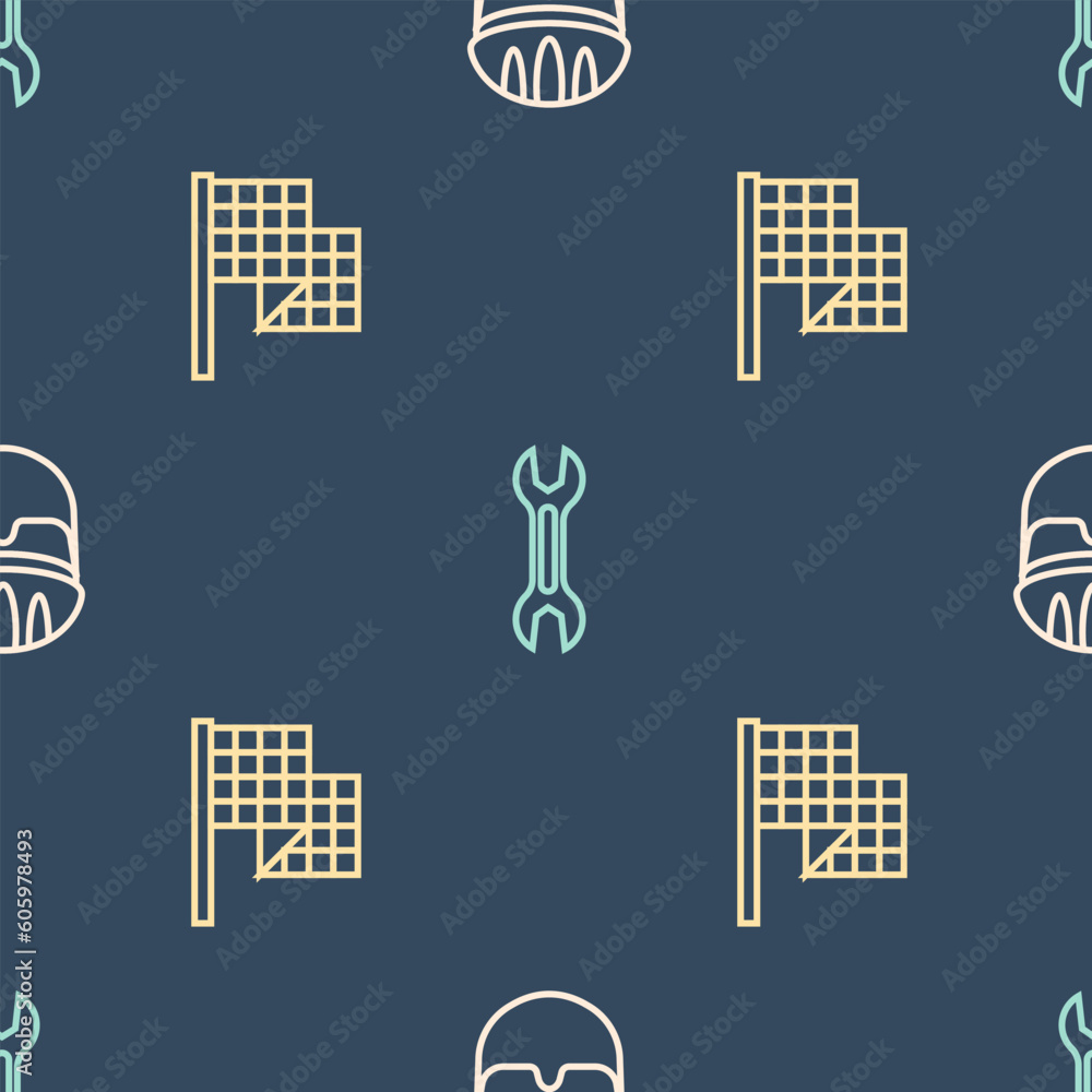 Aufkleber set line bicycle helmet, checkered flag and wrench spanner on seamless pattern. vector