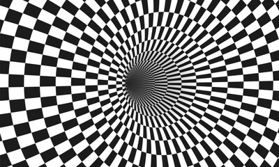 Abstract optical illusion. Hypnotic tunnel with black and white squares. Vector illustration.