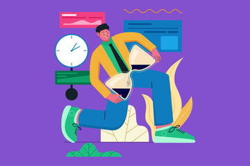 Businessman holding hourglass or time management flat illustration