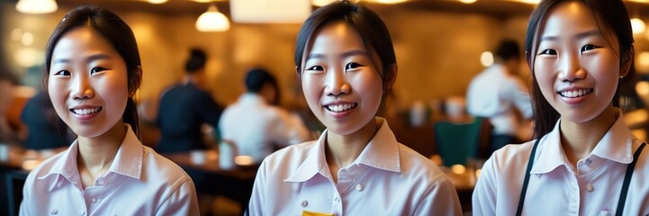 Portrait of smiling Asian waitresses in elegant restaurant looking at camera with bokeh background.