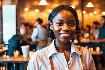 Portrait of smiling african american waitress in elegant restaurant looking at camera with bokeh background.