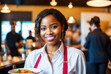 Portrait of smiling african american waitress in elegant restaurant looking at camera with bokeh background.