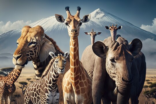 Group of many African animals giraffe, lion, elephant, monkey and others stand together in with Kilimanjaro mountain on background, hyperrealism, photorealism, photorealistic