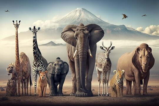 Group of many African animals giraffe, lion, elephant, monkey and others stand together in with Kilimanjaro mountain on background, hyperrealism, photorealism, photorealistic