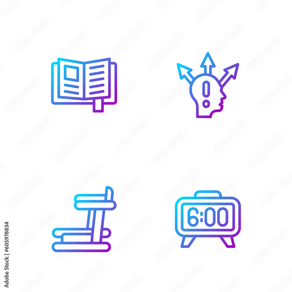 Poster set line digital alarm clock, treadmill machine, reading book and project team base. gradient color 
