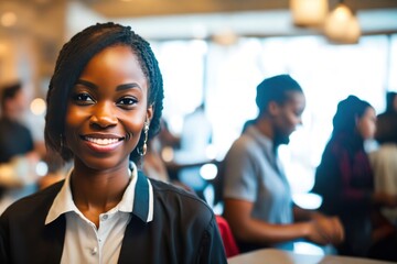 Portrait of smiling african american waitress in elegant restaurant looking at camera with bokeh background.