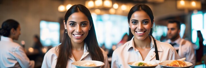 Portrait of smiling waitresses in restaurant looking at camera with bokeh background.