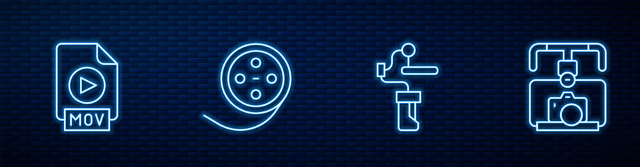 Set line Gimbal stabilizer for camera, MOV file document, Film reel and with. Glowing neon icon on brick wall. Vector