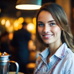 Portrait of smiling waitress in restaurant looking at camera with bokeh background.