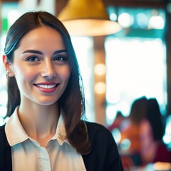 Portrait of smiling waitress in restaurant looking at camera with bokeh background.