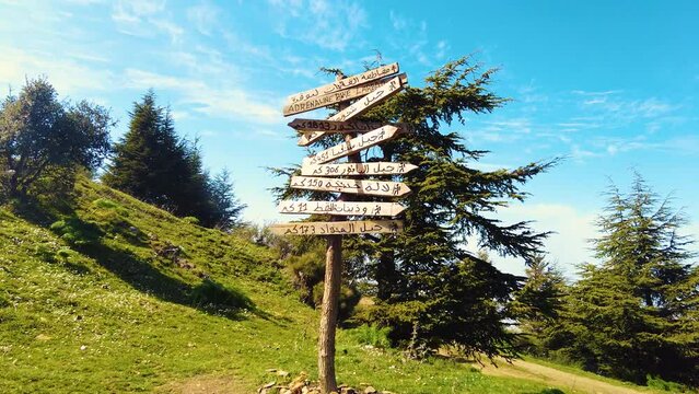 summit of the mountain with wooden signs for trekking in Blida Algeria