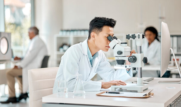 Investigation, science and microscope with an asian man doctor working in a lab for research or innovation. Healthcare, medical and experiment with a male scientist in a laboratory for analysis