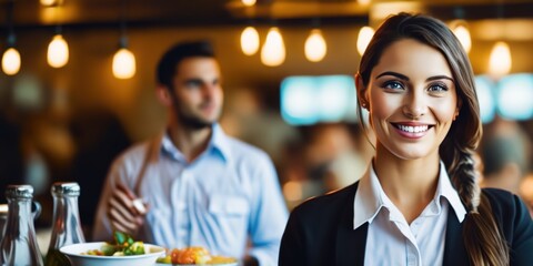 Portrait of smiling waitress in restaurant looking at camera with bokeh background.