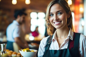 Portrait of smiling waitress in restaurant looking at camera with bokeh background.