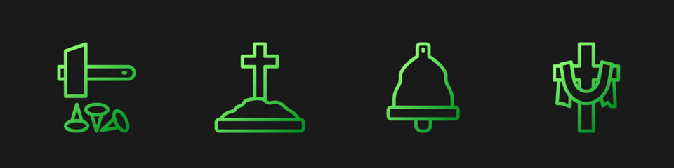 Set line Church bell, Crucifixion of Jesus Christ, Grave with cross and Christian. Gradient color icons. Vector