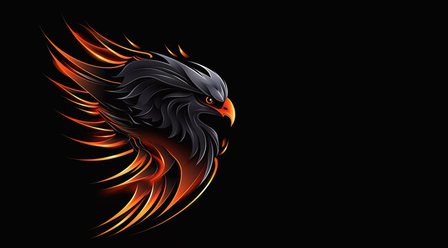 Abstract illustration of an flaming eagle's head on black background - Generative AI