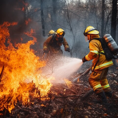 Firefighters extinguish a fire in the forest. Firefighters fighting a fire.