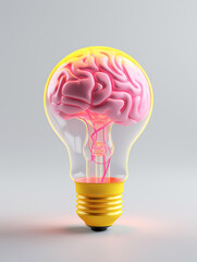 concept of pink brain in a yellow lightbulb. AI generative