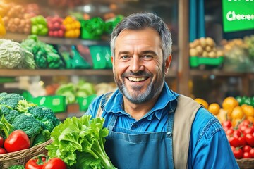 Portrait of a happy greengrocer standing in front of the vegetables. Happy attractive man owner in apron. Grocery. Copy space text. Ai generative