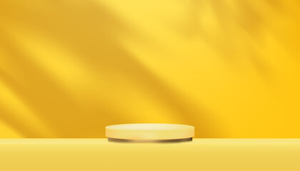 Autumn background,3D Studio Background with cylinder pedestal podium with leaves shadow on yellow wall room,Vector Scene Mockup for Fall Season,Thanksgiving,harvest festival Product display presents