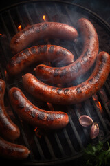 Grilled sausage on the flaming grill. AI generative