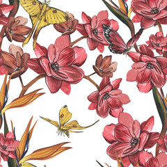 Seamless pattern butterfly, red flower, strelitzia isolated on white. Watercolor hand drawn illustration. Art for design - 605979815