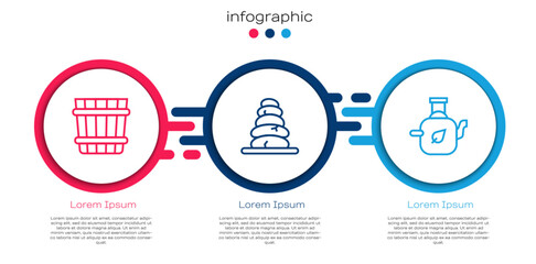 Set line Sauna bucket, Stack hot stones and Teapot with leaf. Business infographic template. Vector