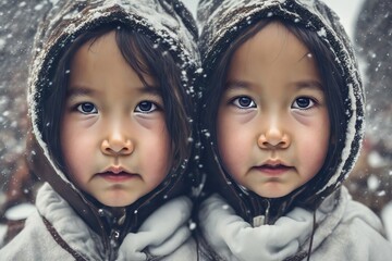 Little Inuit girls in winter in the snow. generative ai - obrazy, fototapety, plakaty