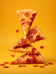 Flying food. Pizza slices with cheese and sausages in levitation on yellow background. AI generative