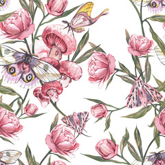 Seamless pattern butterfly, peony flower isolated on white background. Watercolor hand draw illustration. Art for design - 605979889