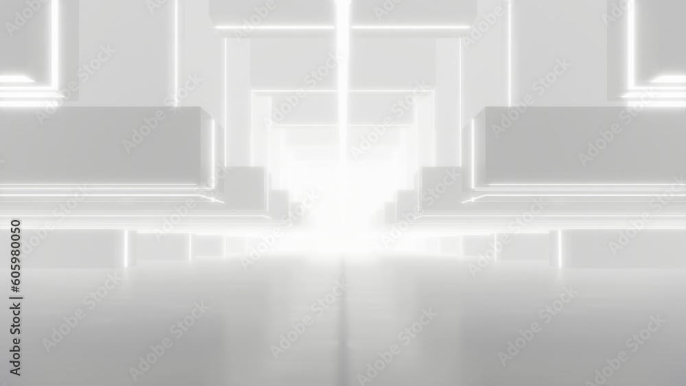 Poster 3d rendering of abstract white cube futuristic geometry tunnel architecture.