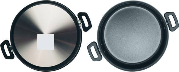 New metal frying pan with handles on a white background, view from both sides