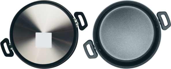 New metal frying pan with handles on a white background, view from both sides