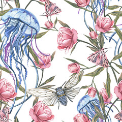 Seamless pattern jellyfish, butterfly, cicada, peony isolated on white. Watercolor hand drawing illustration. Art design - 605980024