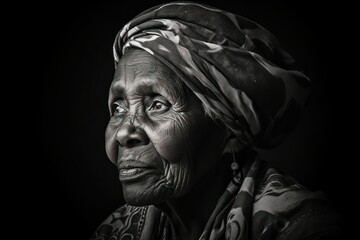 Black and White Close-Up Portrait of a Fictional African Old Lady. Generative AI illustration.