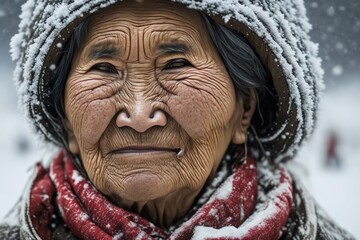 Senior inuit elderly woman at winter in snow. Ai generative - obrazy, fototapety, plakaty