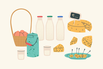 Composition of dairy products and eggs. Fair of local products. Cheese, milk and eggs. Vector isolated elements with textures.