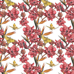 Seamless pattern butterfly, red flower, strelitzia isolated on white. Watercolor hand drawn illustration. Art for design - 605980264