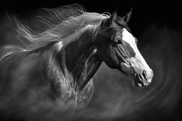 Black and white horse portrait in motion, hyperrealism, photorealism, photorealistic